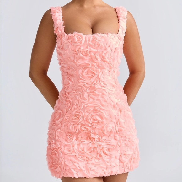 POSY Floral-Appliqué Corset Mini Dress in Coral - Size M - Picture 3 of 6